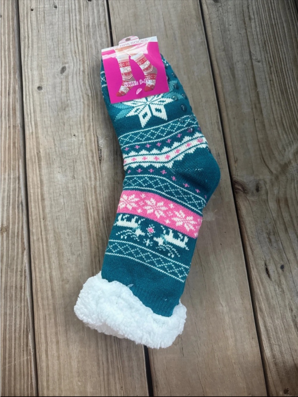 Cozy Teal & Pink Fair Isle Sherpa-Lined Socks - Women Shoe Size 9-11